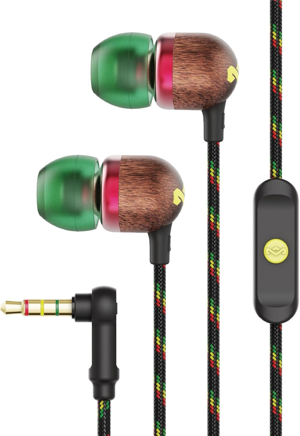 Smile Jamaica: Wired Earphones with Microphone, Noise Isolating Design, and Sustainable Materials (Rasta)
