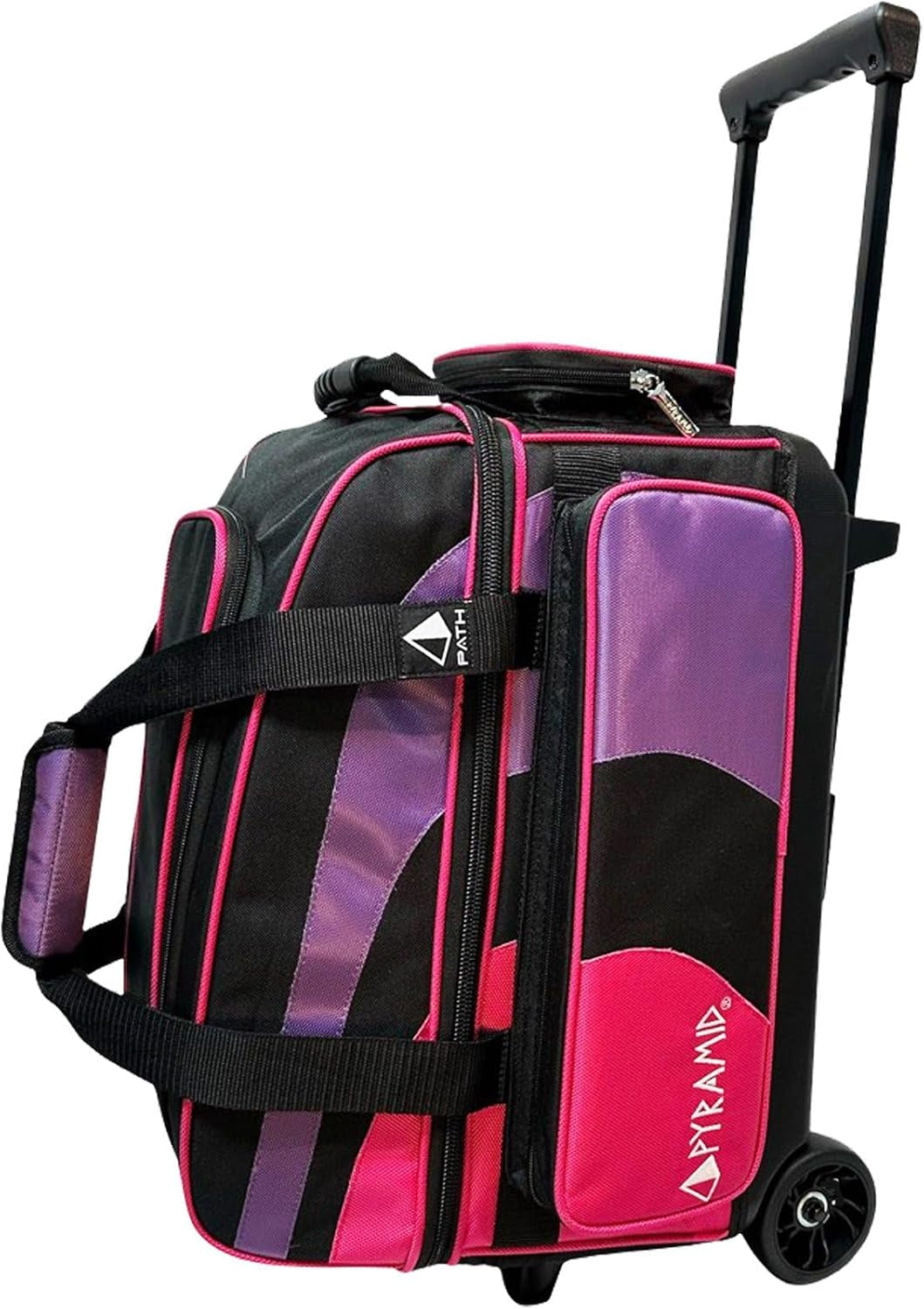 Deluxe Double Roller 2 Ball Bowling Bag with Large Separate Shoe Compartment (Up to 2 Pairs of Shoes) and Accessory Pockets, Sturdy Square Handle - Extends to 40" - Pro Options Available