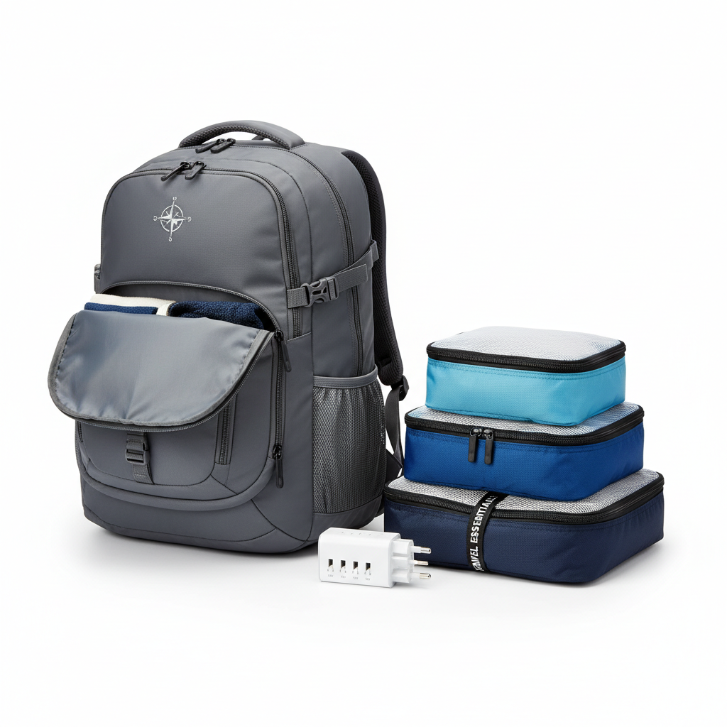 30L backpack, adapter, and packing cubes together