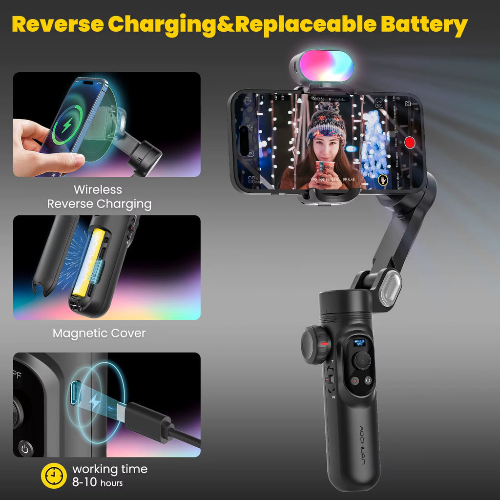 Smart Xpro Combo Black 3-Axis Phone Gimbal Stabilizer with 73Cm Extension and RGB Magnetic Light OLED Display Gimbal