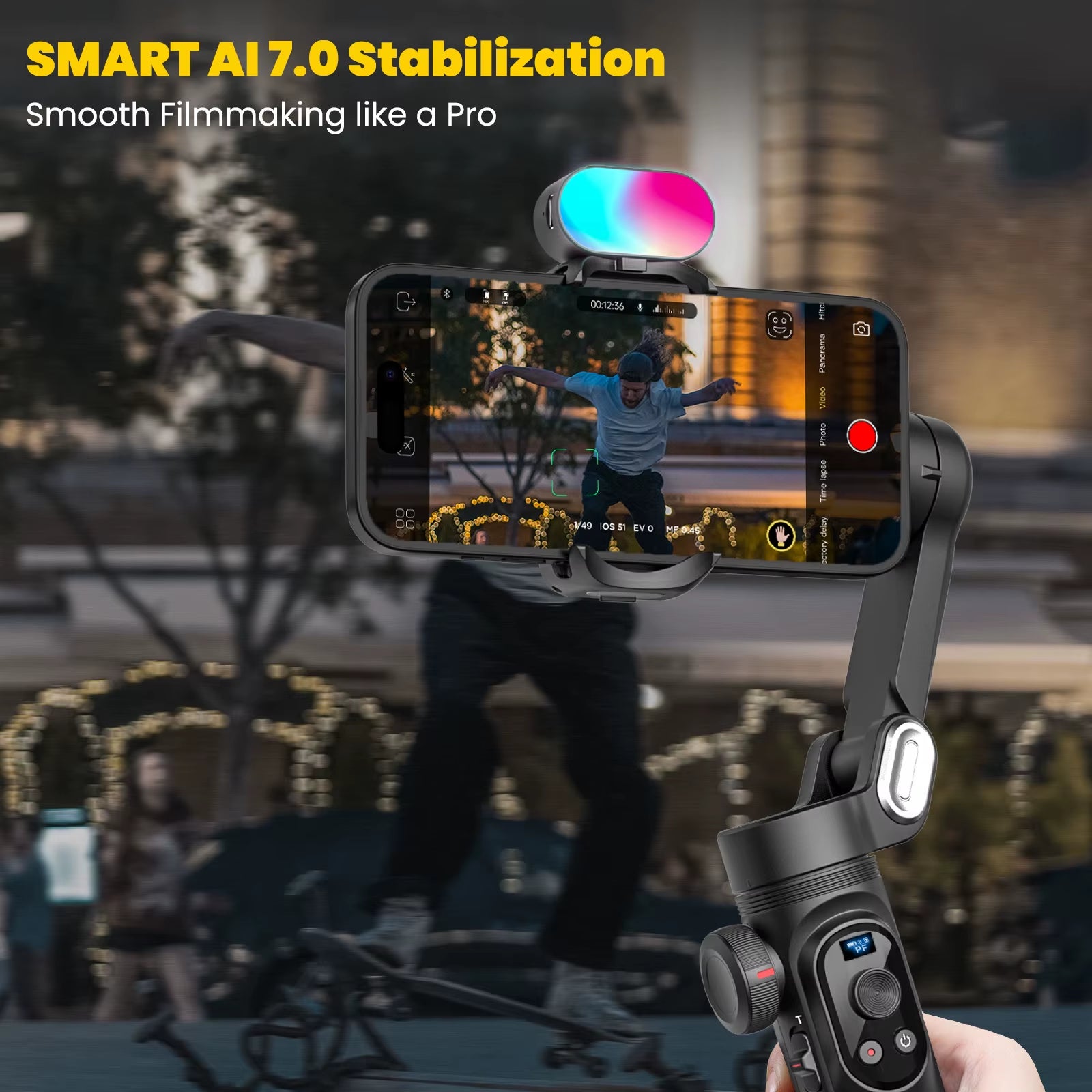 Smart Xpro Combo Black 3-Axis Phone Gimbal Stabilizer with 73Cm Extension and RGB Magnetic Light OLED Display Gimbal