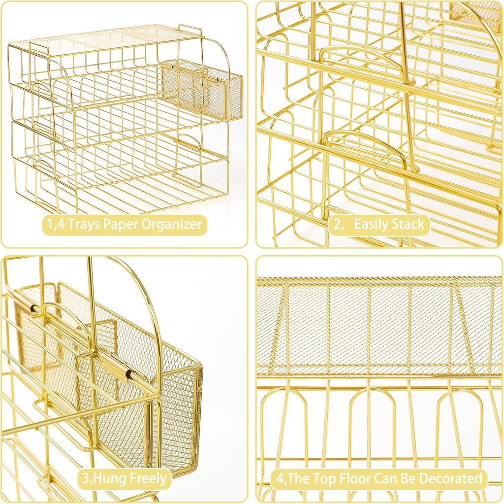 TNELTUEB Gold Paper Organizer for Desk with Pen Holder, 4 Tier Desk Organizers for Home and Office Stackable Letter Tray(Gold)