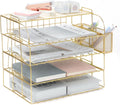 TNELTUEB Gold Paper Organizer for Desk with Pen Holder, 4 Tier Desk Organizers for Home and Office Stackable Letter Tray(Gold)