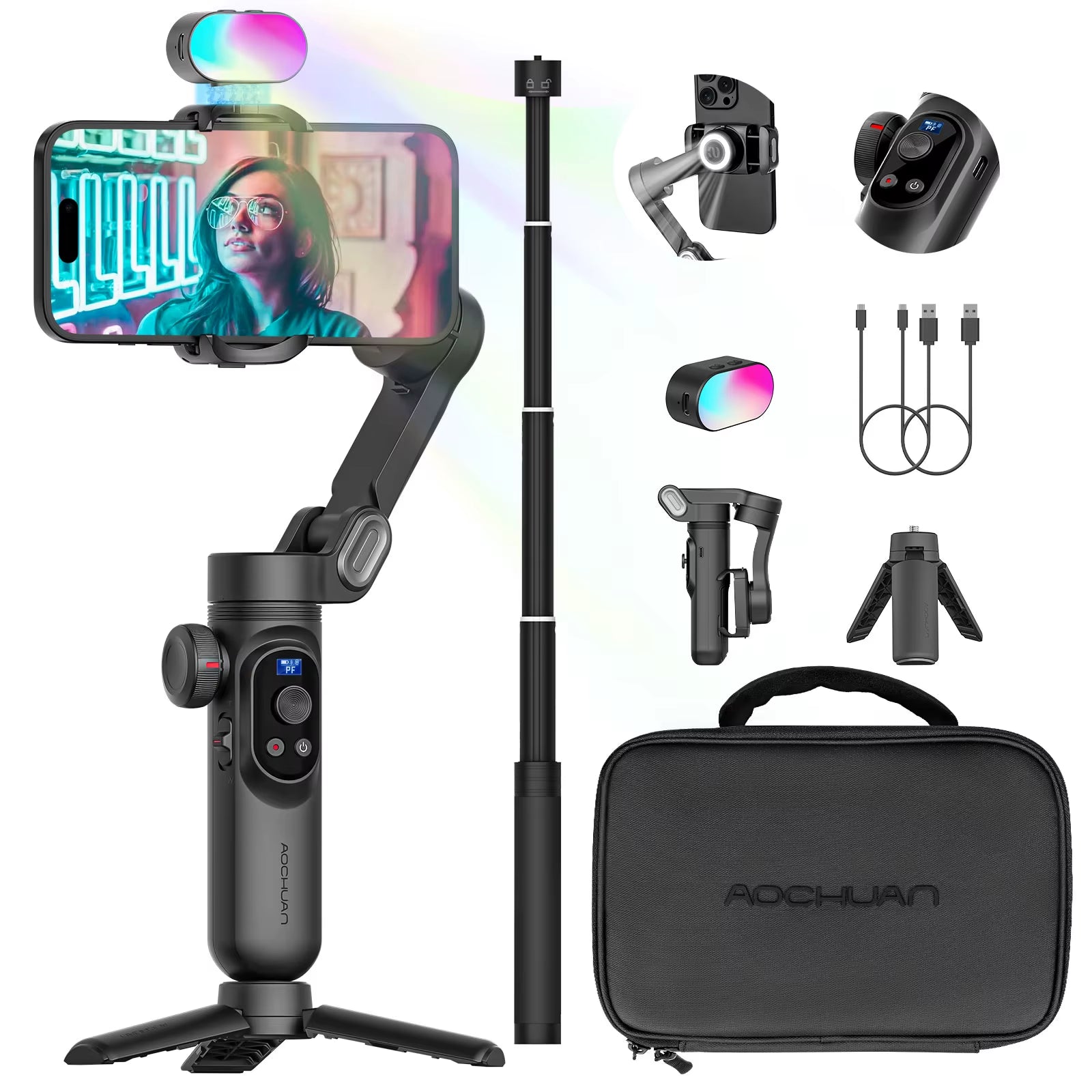 Smart Xpro Combo Black 3-Axis Phone Gimbal Stabilizer with 73Cm Extension and RGB Magnetic Light OLED Display Gimbal