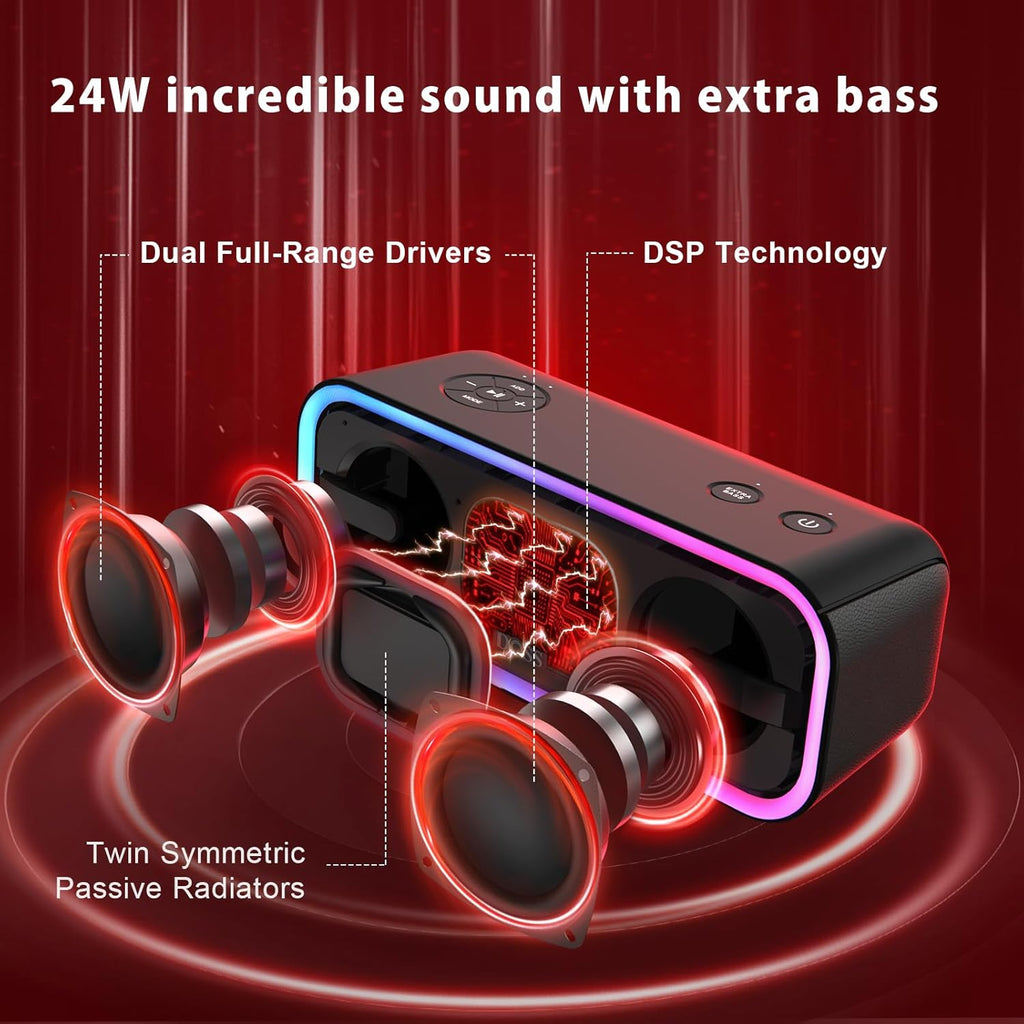 Soundbox Pro+ Bluetooth Speaker, Immersive 24W Stereo Sound with Booming Bass, IPX6 Waterproof, 15H Playtime, Mixed Colors Lights, Wireless for Backyard, Hiking, Garage, Party-Black