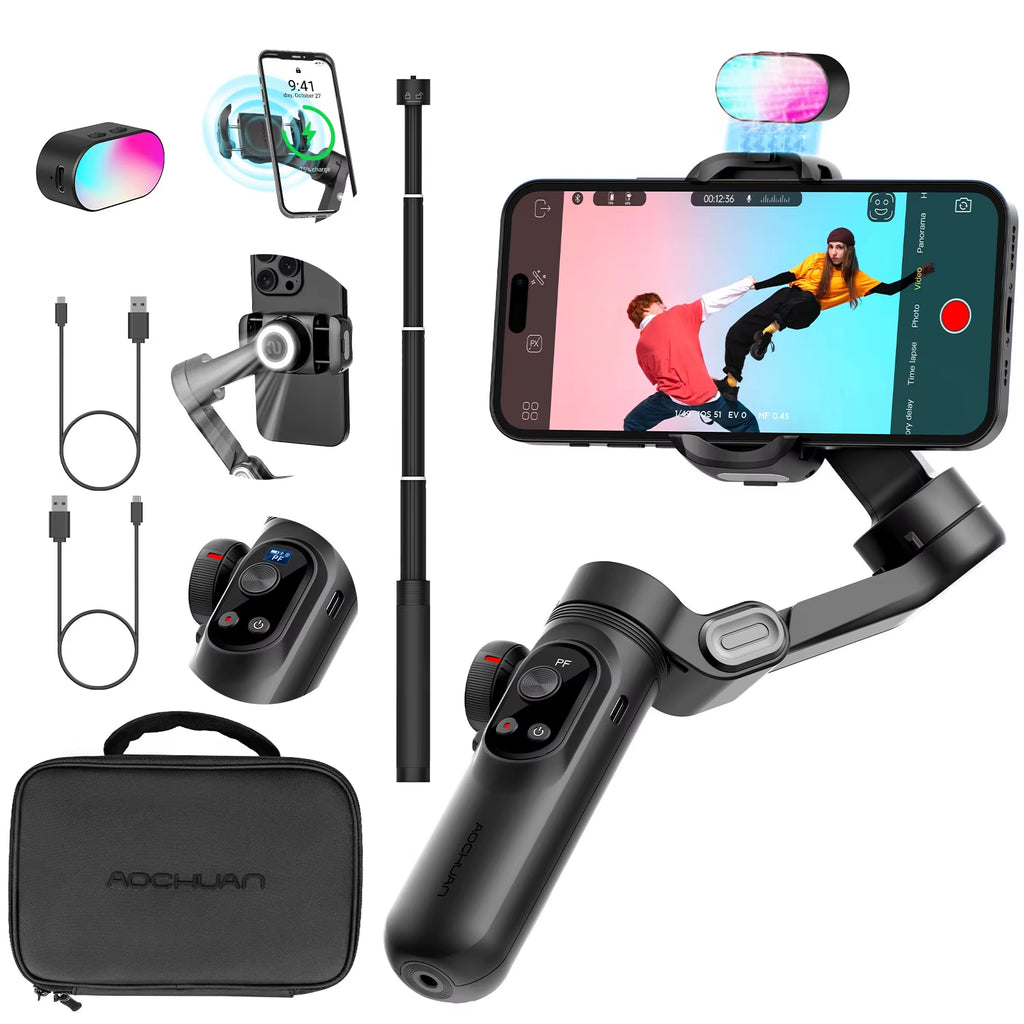 Smart Xpro Combo Black 3-Axis Phone Gimbal Stabilizer with 73Cm Extension and RGB Magnetic Light OLED Display Gimbal