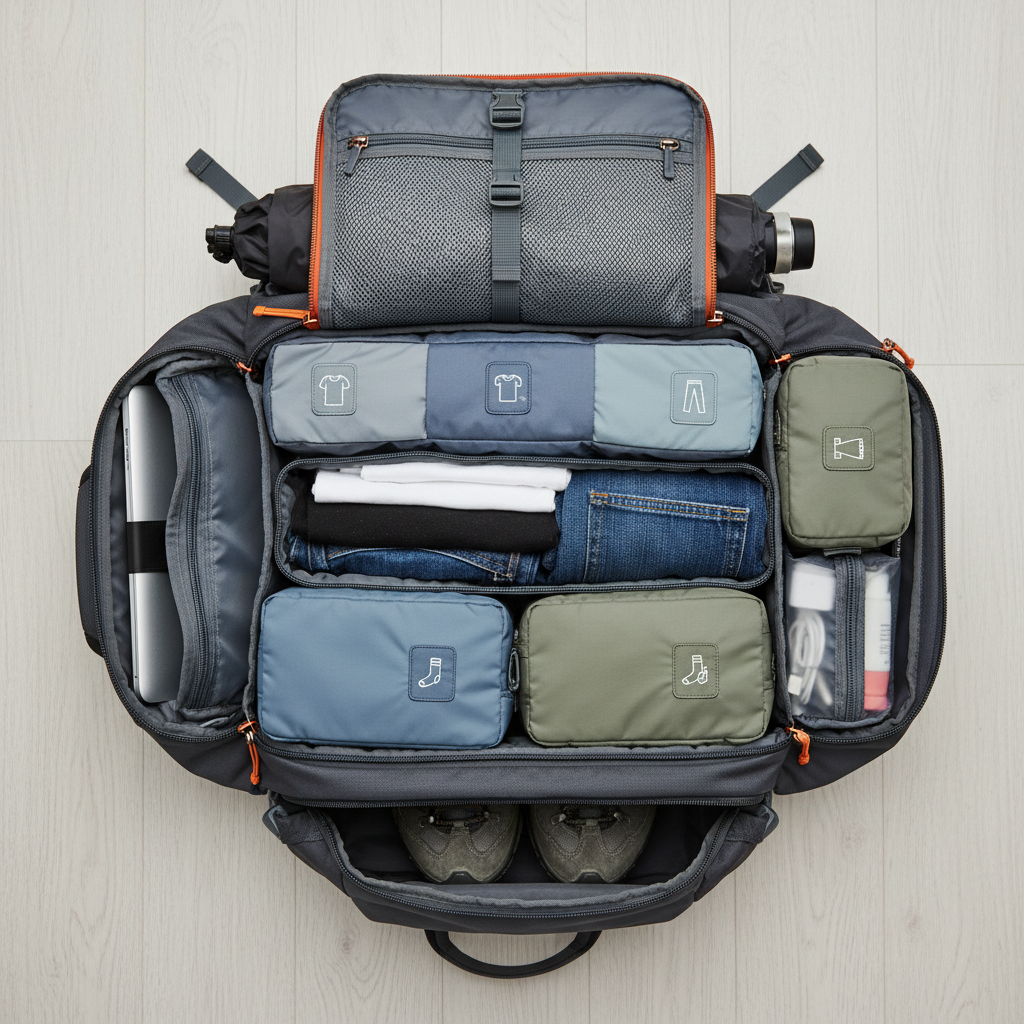 Open backpack showing packing cubes inside